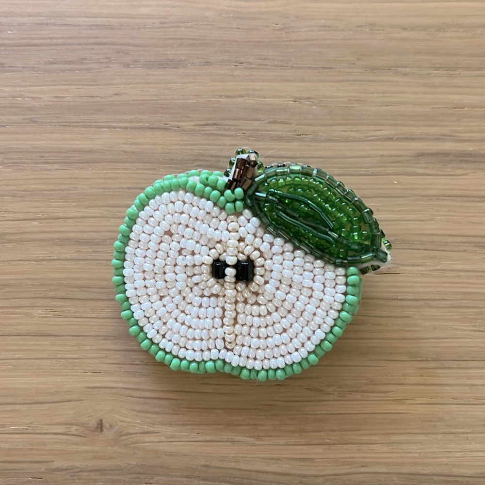 Handmade beads/ leather brooch, Apple